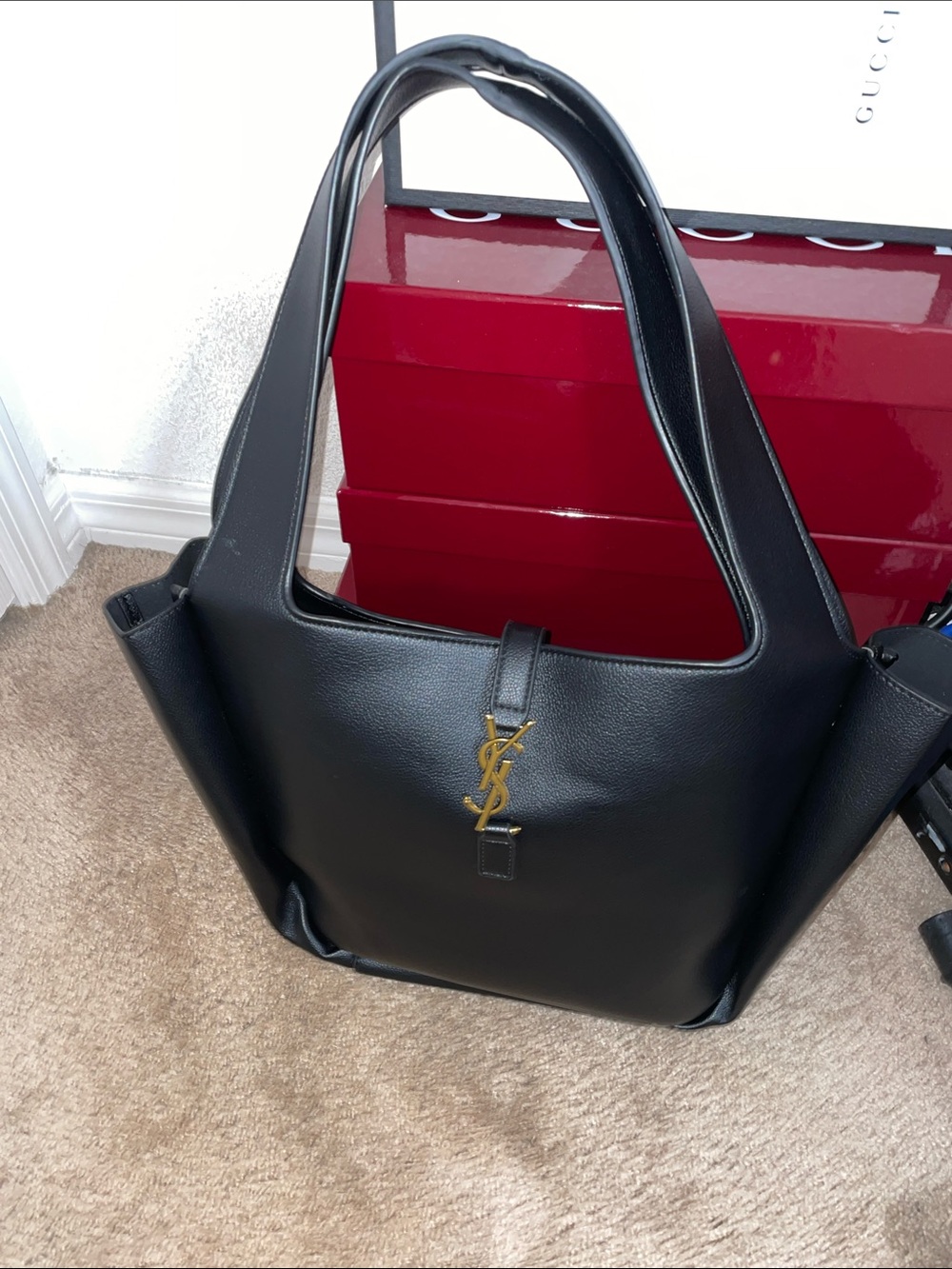 Saint Laurent Black Leather Tote with Gold YSL Emblem - Picture 2 of 12